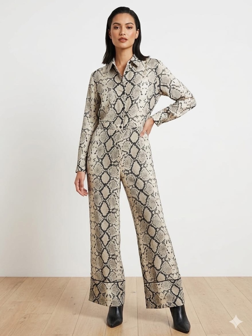 Neutral Snake-Print Button-Front Jumpsuit